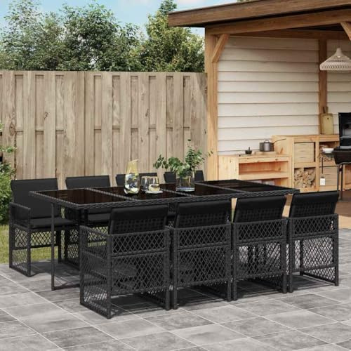 Mokuyary Grupo de comedor de jardín de 9 piezas, con cojín, negro, poliratán, mesa de comedor, comedor, impermeable, muebles de balcón para porches, patios, terrazas, material de escritorio, vidrio