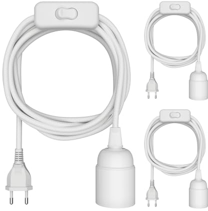 ledscom.de 3 st LEHA textilkablar med kontakt och strömbrytare, vita, 3 m, E27-lampfattning, max. 60 W