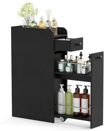 COSTWAY Nischenschrank mit Rollen, Badezimmerschrank mit offener Ablage & 2 Schubladen, Nischenwagen Rollwagen schmal für Badezimmer, Küche & Wäscherei, 18 x 40 x 70 cm (Schwarz)