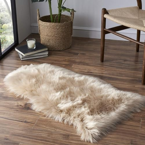 JXLOULAN Faux Fell Teppich Beige 60x90 cm, Longhair Schaffell Flauschiger Lammfell Fellteppich Waschbar für Kinderzimmer Wohnzimmer Schlafzimmer