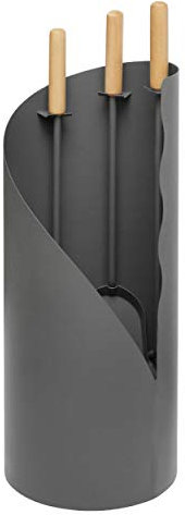 raik Kaminbesteck Otto 3-teilige Kamingarnitur aus Besen Schaufel Schürhaken im Ständer 64 cm Holzgriffe Stahl Grau für Kaminöfen, Feuerstelle, Küchenherd Kaminpflege