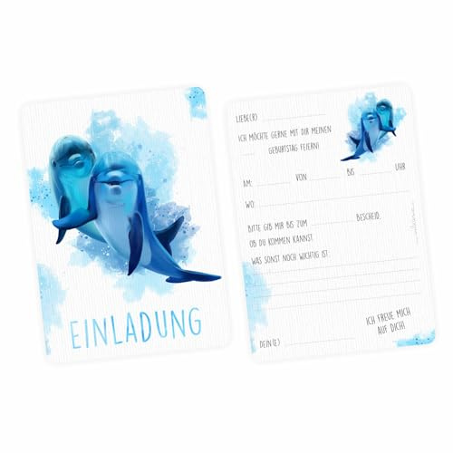 nikima Schönes für Kinder 10 Einladungskarten zum Kindergeburtstag inkl. 10 Briefumschlägen (Delfine blau/weiß)