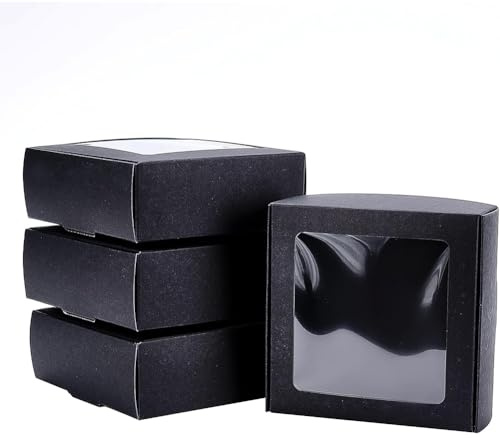 BENECREAT 20 Packung Schwarze Kraftpapierboxen Mit Klarem Fenster 9.5x9.5x3.5 cm Geschenkverpackungsboxen Für Schmuck Speicher Display, Hochzeit, Valentinstag