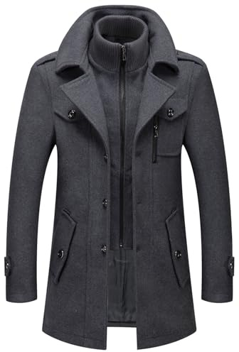CHARTOU Men's Thermal Single Breasted Wool Blend Coat Business Peacoat with Detachable Zipper (X-Large,Grey)