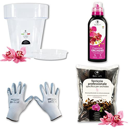 GebEarth® - Kit per Rinvasare le Orchidee: Vaso Orchidee Trasparente, 4 fori di drenaggio e Sottovaso + Terriccio Orchidee da 1 lt + Concime Orchidee 350g + Guanti in Nylon【 vaso diametro 16 cm 】