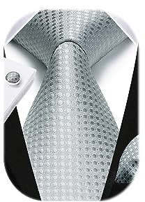 HISDERN bröllop slipsar och näsduk solid slips manschettknappar set, Rutigt silver, En Storlek