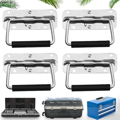 Brateuanoii 4 Pièces Poignée De Coffre, 100mm Poignee Pour Caisse, Avec Poignée En Caoutchouc, Poignées De Caisse Pliante, Poignée De Transport En Métal, Poignées Pliantes à Ressort Avec Poignée