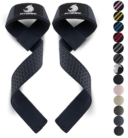 Fitgriff® Dragremmar (vadderade) för styrketräning, bodybuilding, fitness – korslyftningsremmar – lyftremmar – för kvinnor och män (marinblå (silikon), standardstorlek (över 16 cm handledsomkrets))