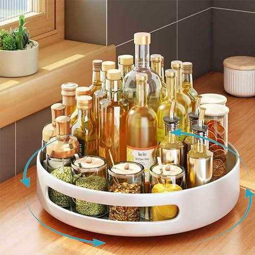 XFLYP 360° Drehteller Organizer, ø 25cm Drehbar Gewürzständer Lazy Susan Gewürzregal Küche & Kühlschrank Organizer Drehbar, Anti-Rutsch, Speisekammer Arbeitsplatte Schrank (Weiß)