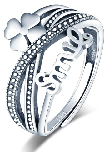 MICGIGI Damen Verstellbarer Ring 925er Sterling Silber Finger Ring Retro Muti-Schicht Vierblättriges Kleeblatt Offener Ring