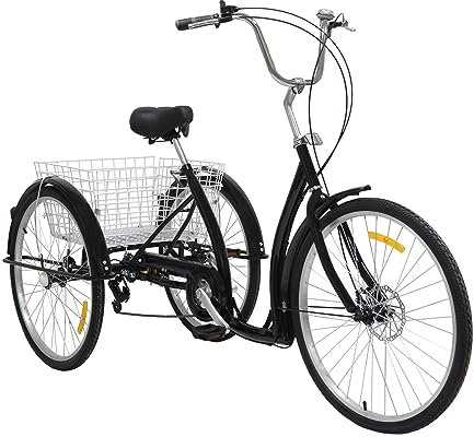SuhoFutus Dreirad für Erwachsene, 26 Zoll Dreirad Fahrrad mit Einkaufskorb, 6 Gang Einstellbar Bike, Schwarz 3 Rad Fahrrad für Erwachsene, Tragkraft 120 kg, für alle Arten von Straßenoberflächen