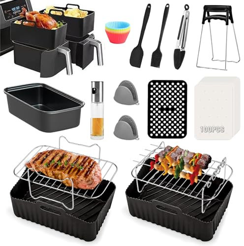 Heißluftfritteusen Zubehör für Ninja Foodi AF400EU, AF300EU, Emerio, Princess, Innsky, COSORI, Tower 7,6L/8L/9L/9,5L Dual Zone Heißluftfritteuse, Silikoneinlagen&Grillroste&Backformen usw, Schwarz