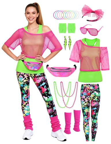 80er 90er Jahre Outfit Damen 20 Stück 80iger Retro Kostüm Off Shoulder Netzshirt Frauen mit Leggins Neon Kleidung Zubehör Set Bauchtasche Ohrring Netzhandschuhe Armband Halskette Bad Taste Outfit 22XL