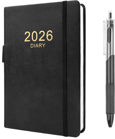 2026 Diary A5 Page a Day, 352 Pages Soft Cover Diary 2026 with Pen, A5 Week to View from Jan to Dec, Daily Planner for School,Office,Home Academic Diary (Black)