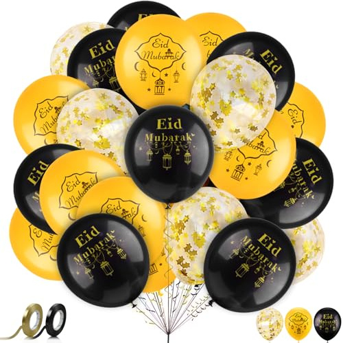 AhfuLife 32 ballons de décoration de l'Aïd, grands ballons de l'Aïd Moubarak de 12 pouces pour la maison, ballons en latex noir et doré pour les fournitures de fête du Ramadan Kareem Moubarak