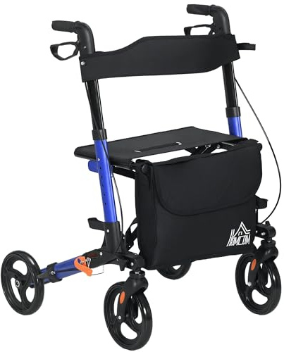 HOMCOM 4 Wheel Rollator with Seat and Back, Folding Mobility Walker with Carry Bag, Adjustable Height, Dual Brakes, Cane Holder, Lightweight Aluminium Walking Frame for Seniors and Disabled, Blue