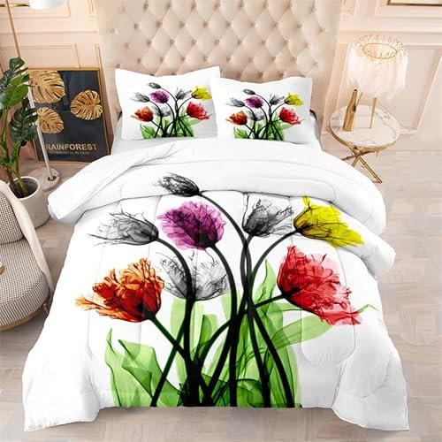 Bettdecke 240X220 Bunte Blumen Bettdecke 200Gsm, Dünne Und Leichte Steppdecke,Antiallergisch 4 Jahreszeiten Bettdecken,Weiche Mikrofaser Bettdecken Mit Kissenbezüge