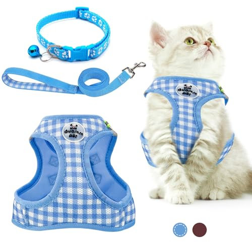 VINEST Katzengeschirr mit Leine Ausbruchsicher für 2,5-5,5 kg Katzen Welpen, 150cm Katzenleine mit Geschirr Reflektierende, Weich Mesh Katzengeschirr Ausbruchsicher mit Katzenhalsband (Blau, S)