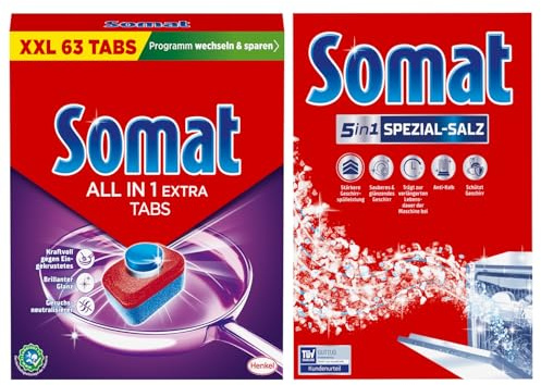 SOMAT Tabs 63 AW all in 1 Extra, Geschirrspül Tabs für strahlende Sauberkeit, bekämpfen selbst eingetrocknete Rückstände + Somat Duo Power Experten Spezial-Salz 1,2kg