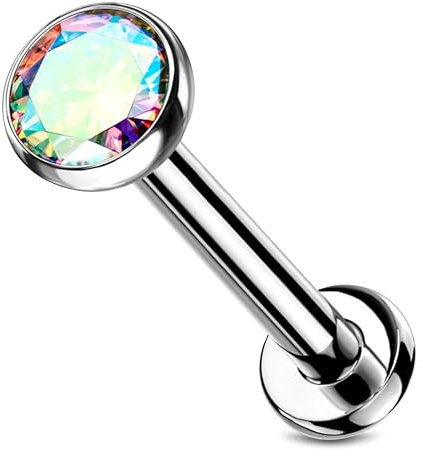 Stachelkleid Labret Piercing Titan Zirkonia Silber Push-In Ohne Gewinde Knorpel Helix Tragus Ohrstecker Tragus Lippe Universalpiercing Kugel Kristall Flach Silber/Regenbogen AB, 0,8 mm, 6 mm / 2 mm