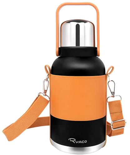 RYACO Stainless Steel Insulated Water Bottle, 1.2L/40.57oz, BPA Free Double Walled Vacuum Thermal Leakproof Metal Water Bottle, Leather cup Holder and Shoulder Strap, Gym/Camping/Outdoor/Sports, Black