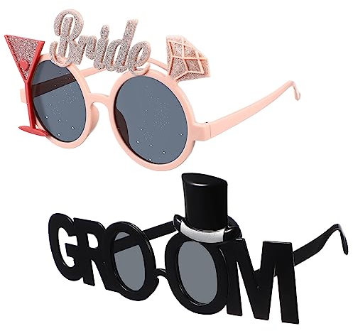 OFFSCH Brille Hochzeit 4 Stück Braut Bräutigam Brille Lustige Sonnenbrille Zukünftiger Bräutigam Junggesellinnenabschiedsbrille Lustiges Hochzeitskostüm Geschlecht Lustige Brille Henne Funkeln Plastik