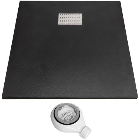 Thermopanel SMC Black Shower Trays Base Slate Stone Effect Textured Non Slip with Waste and Stainless Steel Cover - 1200 x 800mm