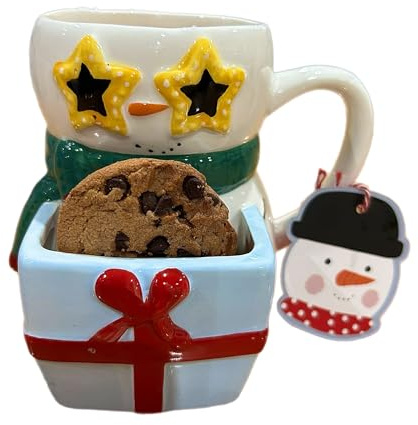 eBoutik - Festive Novelty Christmas Mug with Cookie Holder - Xmas Eve Movie Treat Gift Hot Chocolate Cup for Children & Adults - (Snowman Star Glasses)