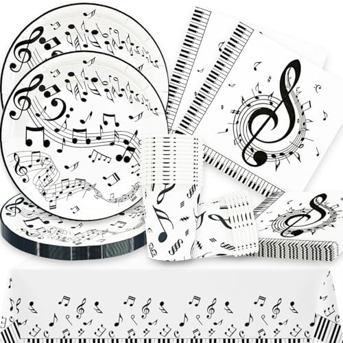 61 Piece Music Note Theme Party Supplies，SANYUANHE Music Guitar Birthday Party Decor，Tableware Set，Rockmusic Weddings Disco Plates, Cups, Napkins, Tablecloth
