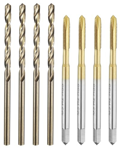 sourcing map Tap and Drill Bit Set, 4pcs M3 x 0.5 Metric Spiral Point Thread Screw Taps & 4pcs 2.5mm Twist Drill Bits, Titanium Coated/Roasted Yellow HSS-6542/M35 HSS-CO Tapping Threading Tool