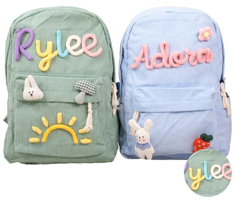 REQTYUI Mochila de pana personalizada, bolsa escolar estética con nombre bordado personalizado, bolsa de libro con monograma para niños pequeños y niños