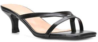Women's Slip On Kitten Low Heel Sandals Ladies Black Synthetic Leather Open Square Toe Post Strappy Mule Size 6