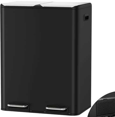 Clevich 60L Dual Kitchen Bins w/Odor Control, (2 x 30L) Recycling Waste Bin | Wide Pedal, Handle, Removable Inner Buckets, Soft-Close Lid, Airtight Design, for Home Office
