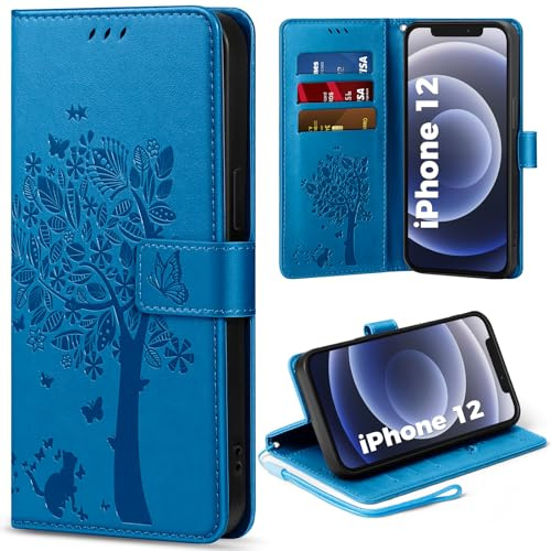 EASDNB Handyhülle für iPhone 12 Hülle Lederhülle Flip Wallet Case | 3 Kartenfächer, Magnet, Ständer, Premium Leder Prägung, Magnetic Closure, RFID Blockierung Klapphülle, 6.1, Blau