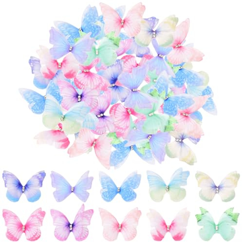 TRKETK 100 farfalle colorate in tessuto per artigianato, decorazioni 3D, accessori da parete, 2 strati, mini applique