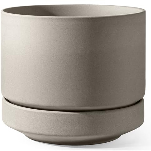 LE TAUCI Large 35 cm Plant Pot with Saucer, Ceramic Outdoor & Indoor Big Planter Pot, Drainage Hole, Mesh Pad, Unglazed Porous, Modern Minimalist for Home and Patio – Neutral Gray