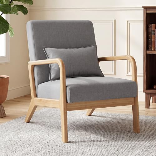 BonVache Gepolsterter Sessel mit Armlehnen, Loungesessel mit Massivholzrahmen Relaxsessel für Wohnzimmer Schlafzimmer，Hellgrau