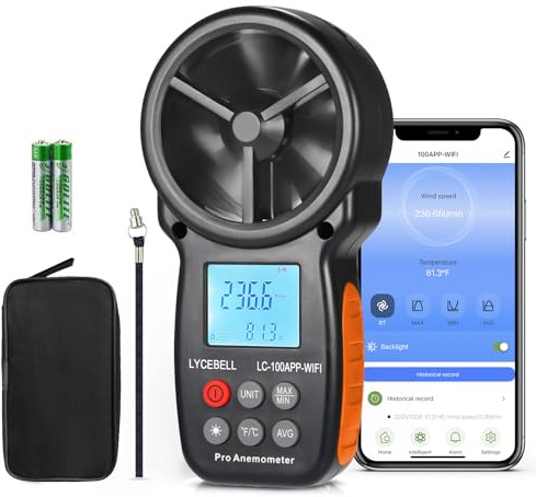‌LYCEBELL Smart Anemometer with APP Control & Data Logging – Wireless Wind Speed Gauge Temperature Meter for HVAC, Drones, Sailing, Surfing, with MAX/MIN/AVG, Compatible with Zigbee Gateway
