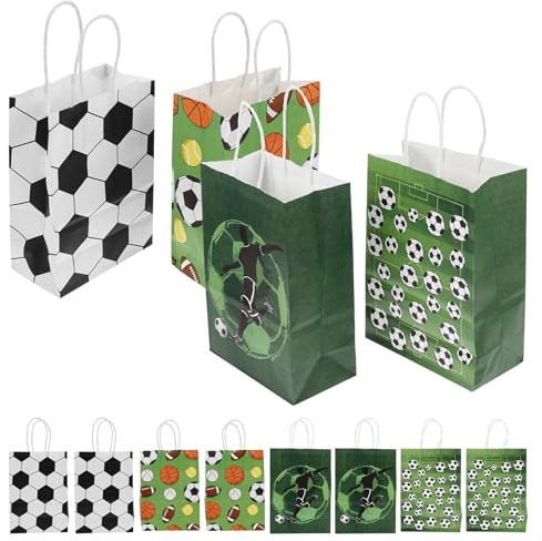 Generisch 12 Stück Fußball Geschenktüten aus Strapazierfähigem Kraftpapier Wiederverwendbare Sport Partytüten mit Griffen Geräumige Fußball Süßigkeitentüten für Kindergeburtstag und