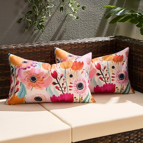 KWLET Fodera Decorativa per Cuscino da Esterno 30x50 cm, Impermeabile, Rosa Brillante E Turchese, Stampa Floreale Primaverile/Estiva, Set di 2 per Tenda da Patio, Letto, Divano, Soggiorno