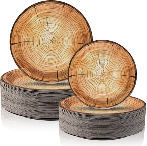 MALLOOM Lot de 100 assiettes en papier effet bois, rustiques imitation tranche de bois 17,78 cm & 22.86 cm, assiettes rondes style ferme pour décoration de table, fournitures de fête thème coupé