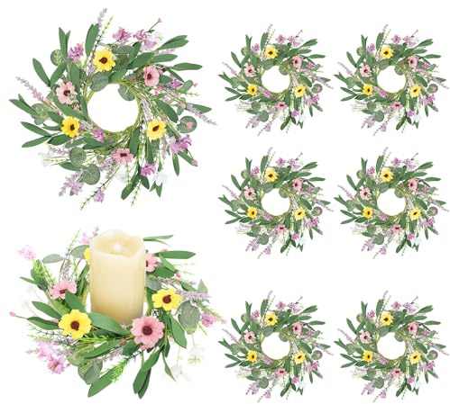 Sariiraw 8-Pack Artificial Flower Mini Wreaths, Spring Summer Floral Candle Rings for Decor, Wedding, Kitchen Cabinet, Tabletop, Door – Set of 8 Miniature Wreaths