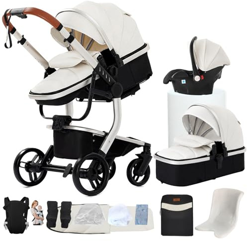 Cochecito combinado 3 en 1, bidireccional con capazo, ajustable 105-180°, plegable fácil, 4 ruedas (X518-WHITE)