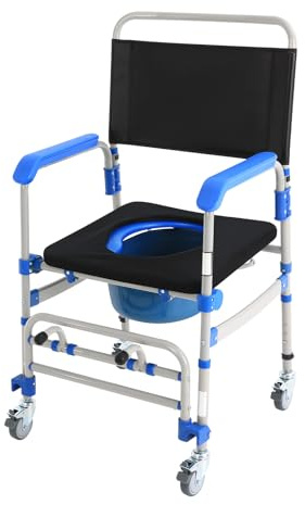 Silla de inodoro con ruedas, altura regulable hasta 125 kg, silla de ducha impermeable con reposapiés, asiento acolchado y cubo de inodoro extraíble, para personas mayores, enfermos, embarazadas