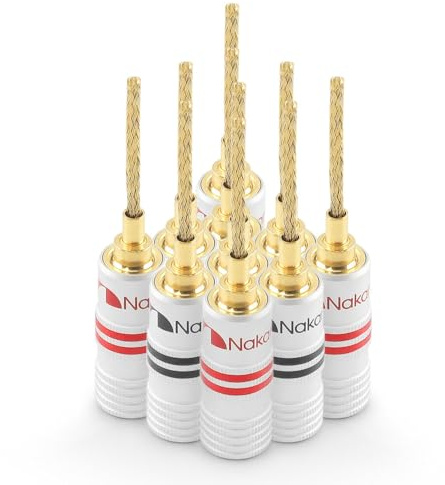Nakamichi GrubLock Excel-Serie 24 Karat vergoldete 2-mm-Flex-Pin Bananenstecker, 10 AWG – 18 AWG Kabel, 4 mm Dicke, für Lautsprecherverstärker, Audiokabel, Stecker schraubbar, 10 Stück (5 Paare)