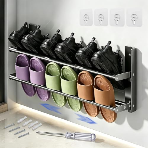 Schuhregal Wand 2 Ebenen - Ausziehbares Schuhregal, 37-67cm Verstellbar und Klappbar, mit Schraubendreher, Schuhablage Metall, Platzsparendes Wandregal für Flur, Bad, Wohnwagen und Wohnmobil (Grau)