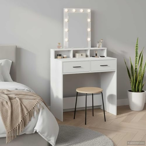 Holepyr Tocador con cajones, color blanco, de madera, 79 x 41 x 140 cm, con espejo, iluminación, puerto USB, para dormitorio, tocador y vestidor