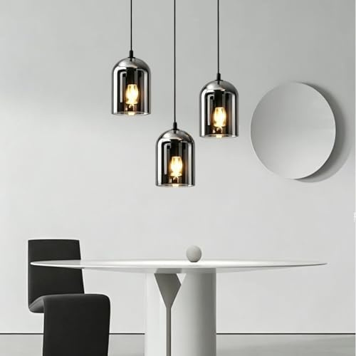 HYKISS Lampada Pendente Moderna Lusso Vetro Campana Fumato Lampada Sospesa Metallo Nero Stile Industriale Cavo Sospensione Regolabile Base E27 Illuminazione Per Tavolo Pranzo Isola Cucina(B-3-light)