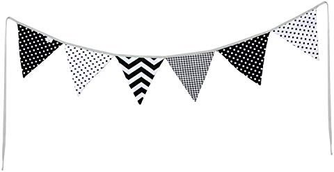 PREMYO Festoni Bandierine Colorate Stoffa Triangolari - Decorazione Cameretta Bambino Ghirlanda Nascita - Bianco Nero
