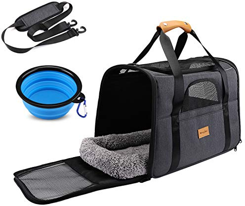 Morpilot Katzentransportbox für große Katzen & Welpen bis 12 kg, Transportbox Katze mit 4-seitigem Mesh, atmungsaktiv Hundebox mit doppelseitiger weicher Unterlage klappbarem Napf, 44x31x34cm, Grau